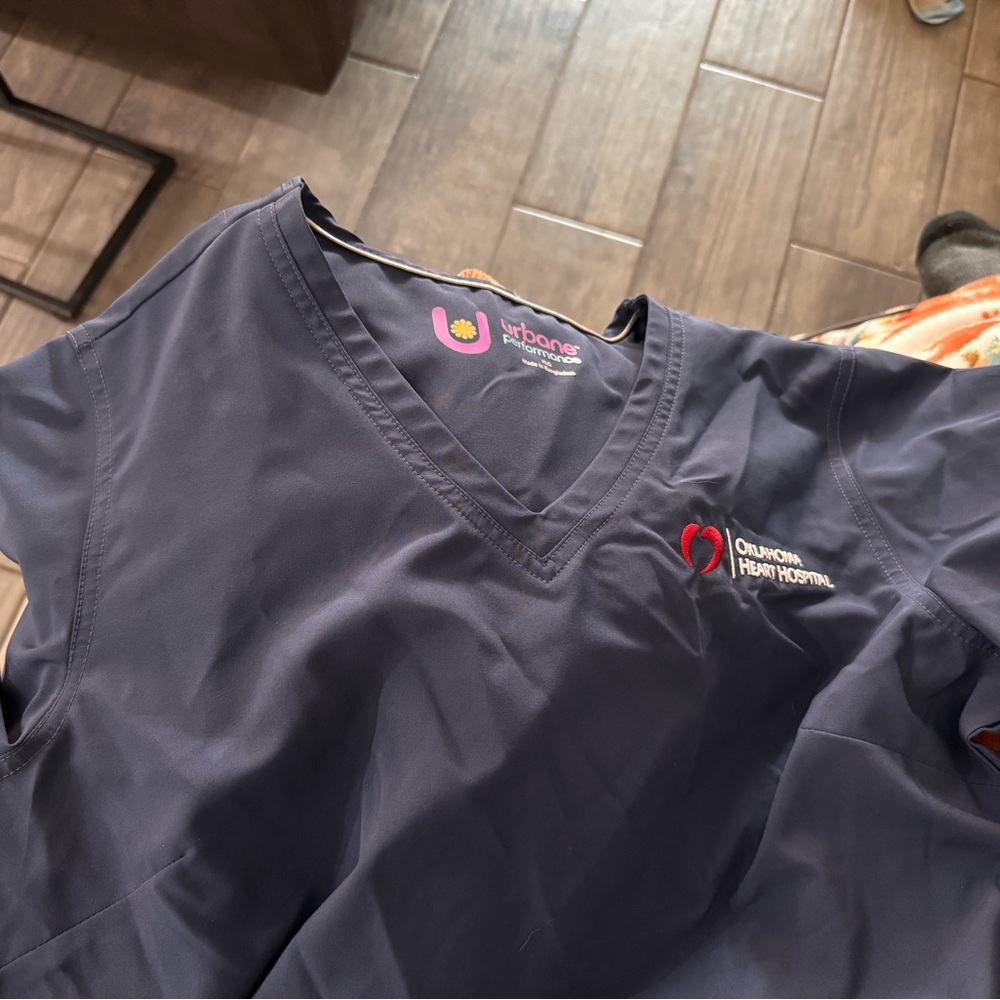 Urbane Navy Scrub Top with Oklahoma heart hospital graphic